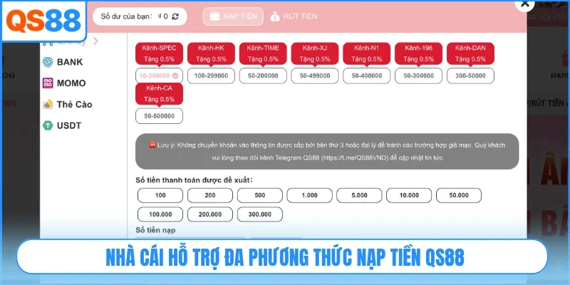 Nhà cái hỗ trợ đa phương thức nạp tiền QS88
